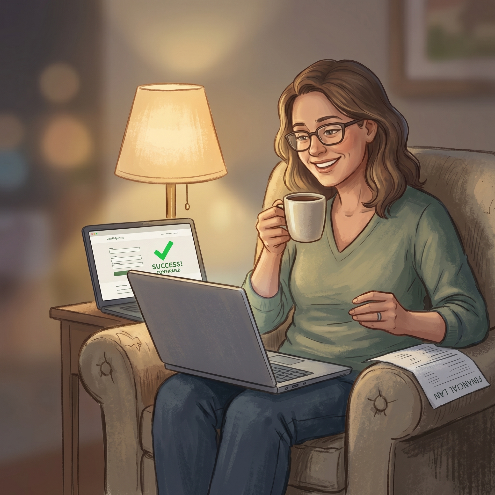 A caregiver in a quiet living room reading CareHelper.org on a laptop, a financial planning document beside her.